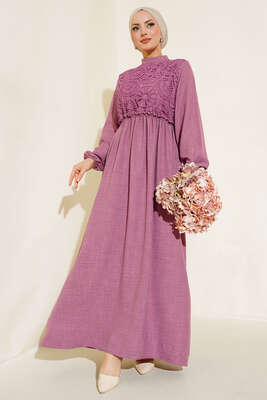 Dantelli Keten Elbise Gül Kurusu - Tesettür Elbise