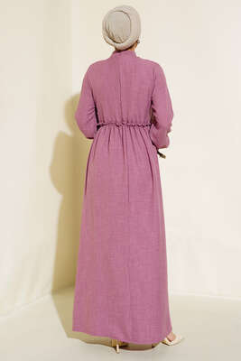 Dantelli Keten Elbise Gül Kurusu - Tesettür Elbise