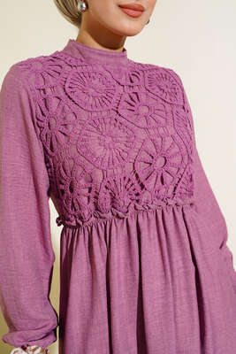 Dantelli Keten Elbise Gül Kurusu - Tesettür Elbise