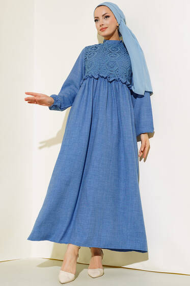 Dantelli Keten Elbise İndigo - Tesettür Elbise