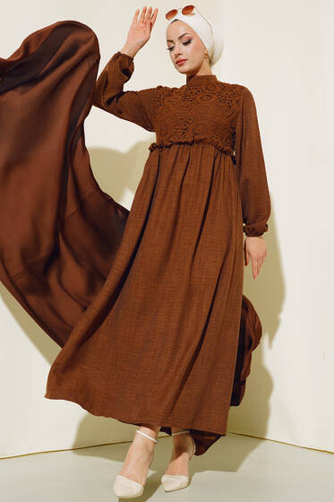 Dantelli Keten Elbise Kahve - Tesettür Elbise
