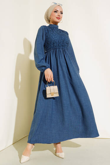 Dantelli Keten Elbise Lacivert - Tesettür Elbise