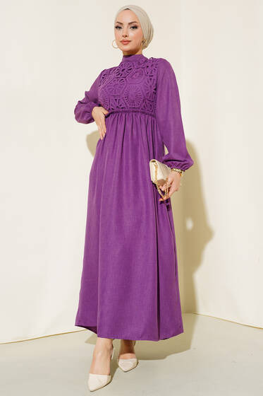 Dantelli Keten Elbise Menekşe - Tesettür Elbise