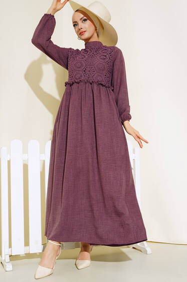 Dantelli Keten Elbise Mürdüm - Tesettür Elbise