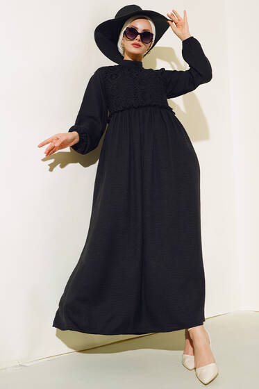 Dantelli Keten Elbise Siyah - Tesettür Elbise