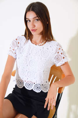 Dantelli Kısa Kol Bluz Beyaz 