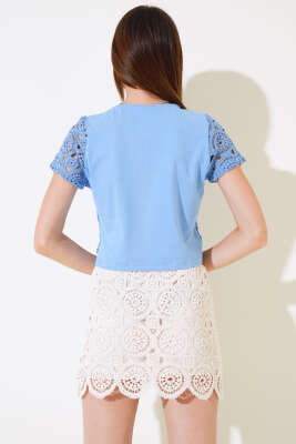 Dantelli Kısa Kol Bluz Mavi - Kadın Giyim Modelleri