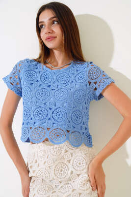 Dantelli Kısa Kol Bluz Mavi 