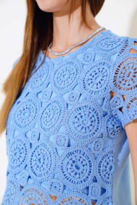 Dantelli Kısa Kol Bluz Mavi - Kadın Giyim Modelleri