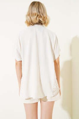 Dantelli Kısa Kol Keten Gömlek Bej - Kadın Giyim Modelleri