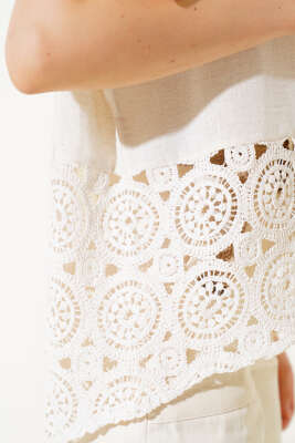 Dantelli Kısa Kol Keten Gömlek Bej - Kadın Giyim Modelleri