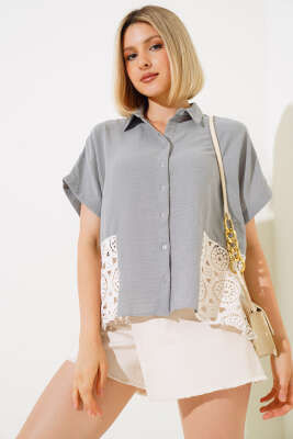 Dantelli Kısa Kol Keten Gömlek Gri - Kadın Giyim Modelleri