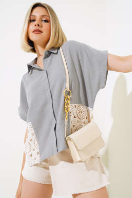 Dantelli Kısa Kol Keten Gömlek Gri - TOP SHOW