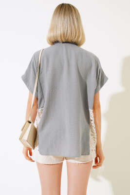 Dantelli Kısa Kol Keten Gömlek Gri - Kadın Giyim Modelleri