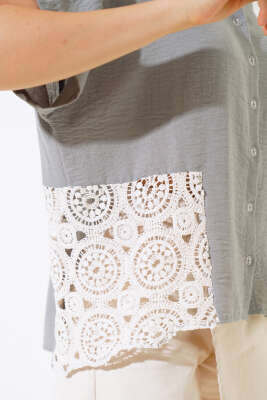 Dantelli Kısa Kol Keten Gömlek Gri - Kadın Giyim Modelleri