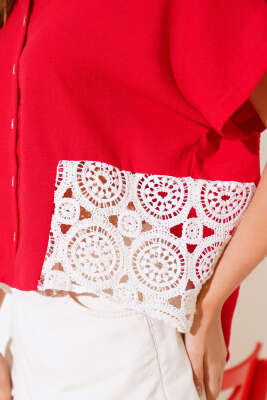 Dantelli Kısa Kol Keten Gömlek Kırmızı - Kadın Giyim Modelleri