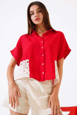 Dantelli Kısa Kol Keten Gömlek Kırmızı - Kadın Giyim Modelleri