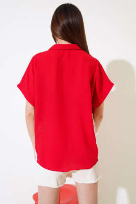 Dantelli Kısa Kol Keten Gömlek Kırmızı - Kadın Giyim Modelleri