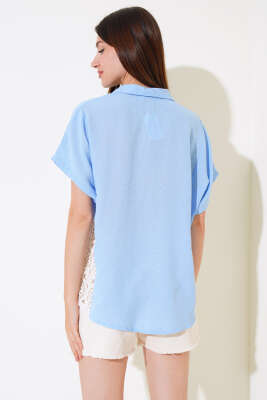 Dantelli Kısa Kol Keten Gömlek Mavi - Kadın Giyim Modelleri