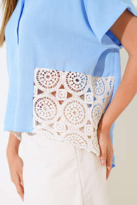 Dantelli Kısa Kol Keten Gömlek Mavi - Kadın Giyim Modelleri