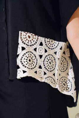 Dantelli Kısa Kol Keten Gömlek Siyah - Kadın Giyim Modelleri