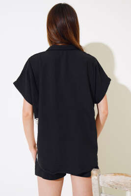 Dantelli Kısa Kol Keten Gömlek Siyah - Kadın Giyim Modelleri