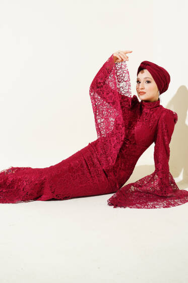 Dantelli Kol Volanlı Balık Model Abiye Bordo - Elbise