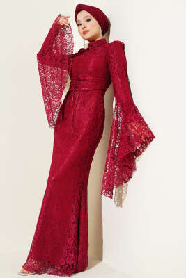 Dantelli Kol Volanlı Balık Model Abiye Bordo - CNR TEKSTİL