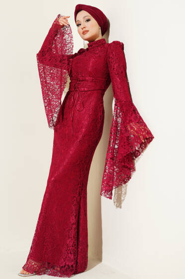 Dantelli Kol Volanlı Balık Model Abiye Bordo - Elbise