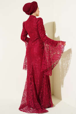 Dantelli Kol Volanlı Balık Model Abiye Bordo - Elbise