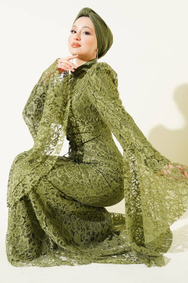 Dantelli Kol Volanlı Balık Model Abiye Haki - Elbise