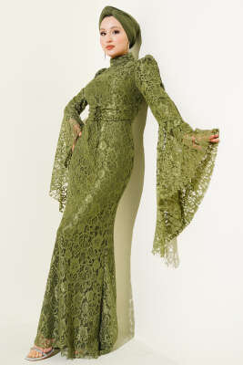 Dantelli Kol Volanlı Balık Model Abiye Haki 