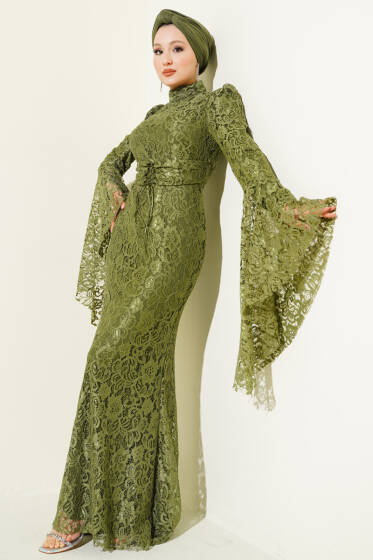 Dantelli Kol Volanlı Balık Model Abiye Haki - Elbise