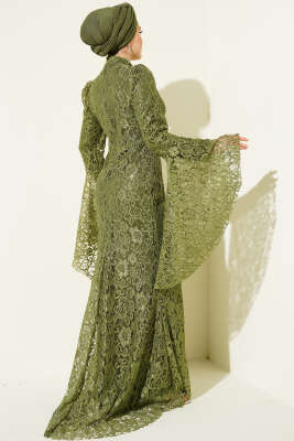 Dantelli Kol Volanlı Balık Model Abiye Haki - Elbise