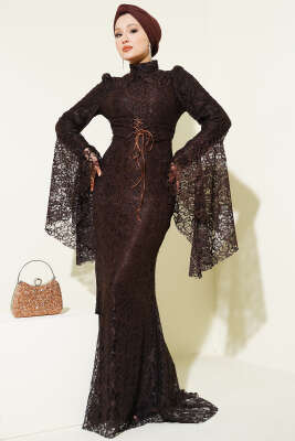 Dantelli Kol Volanlı Balık Model Abiye Kahve - CNR TEKSTİL