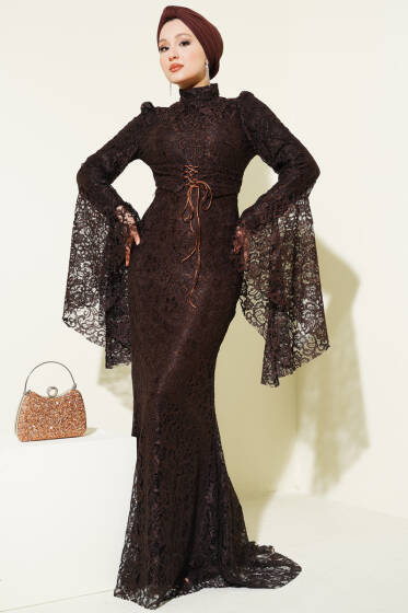 Dantelli Kol Volanlı Balık Model Abiye Kahve - Elbise