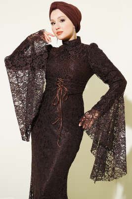 Dantelli Kol Volanlı Balık Model Abiye Kahve - Elbise