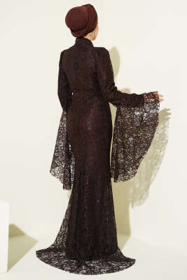 Dantelli Kol Volanlı Balık Model Abiye Kahve - Elbise