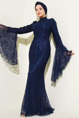 Dantelli Kol Volanlı Balık Model Abiye Lacivert 