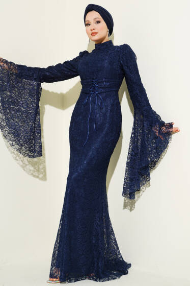 Dantelli Kol Volanlı Balık Model Abiye Lacivert - Elbise