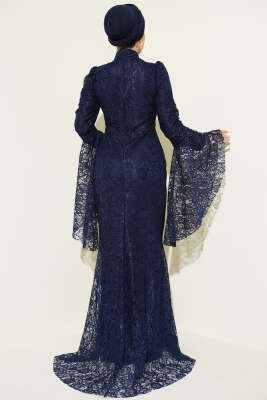 Dantelli Kol Volanlı Balık Model Abiye Lacivert - Elbise