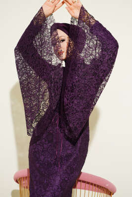 Dantelli Kol Volanlı Balık Model Abiye Mürdüm - CNR TEKSTİL