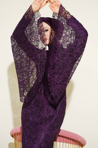 Dantelli Kol Volanlı Balık Model Abiye Mürdüm - Elbise