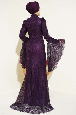 Dantelli Kol Volanlı Balık Model Abiye Mürdüm - Elbise