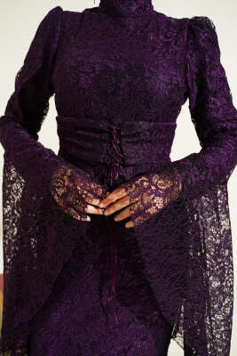 Dantelli Kol Volanlı Balık Model Abiye Mürdüm - Elbise