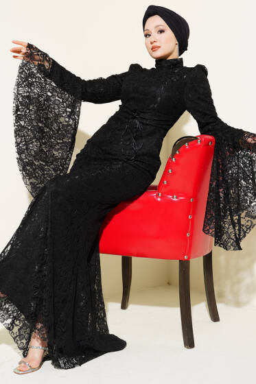 Dantelli Kol Volanlı Balık Model Abiye Siyah - Elbise