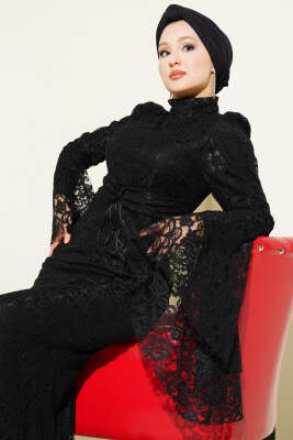 Dantelli Kol Volanlı Balık Model Abiye Siyah - Elbise