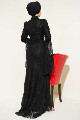 Dantelli Kol Volanlı Balık Model Abiye Siyah - Elbise