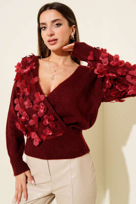 Dantelli Kruvaze Yaka Kazak Bordo - FOR ANGELS