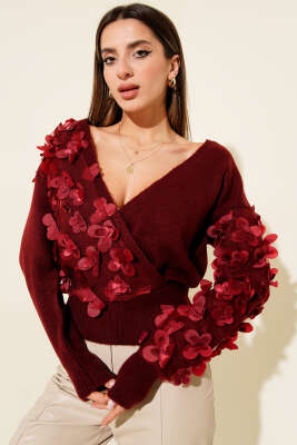 Dantelli Kruvaze Yaka Kazak Bordo - Kadın Giyim Modelleri